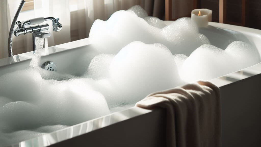 modern tub filled with bubble bath