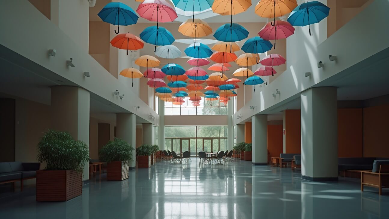 stylish interior of modern hall with colorful umbrellas