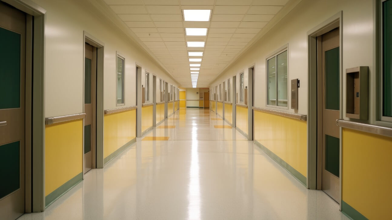 an overhead shot of a hospital hallway with closed doors on