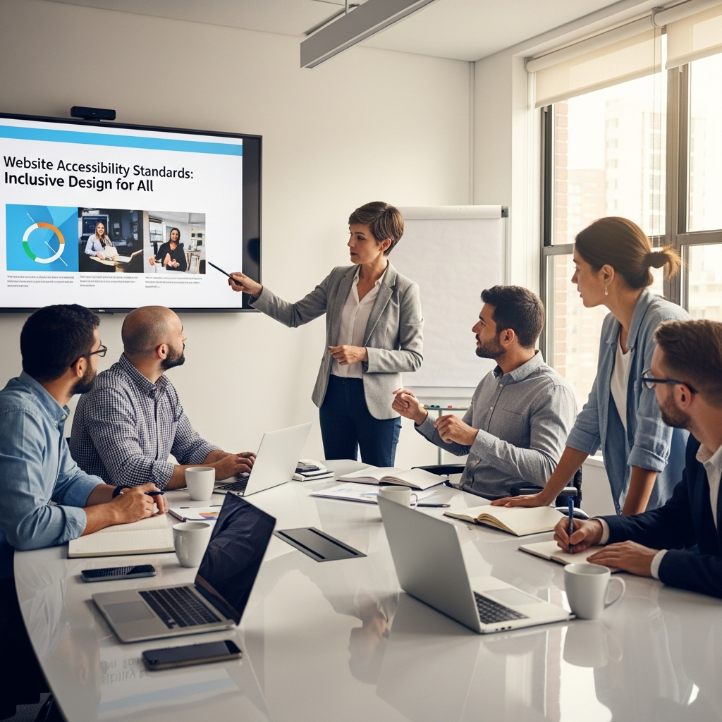 Illustration of diverse people using computers and mobile devices with accessibility features, representing website accessibility in Surrey.