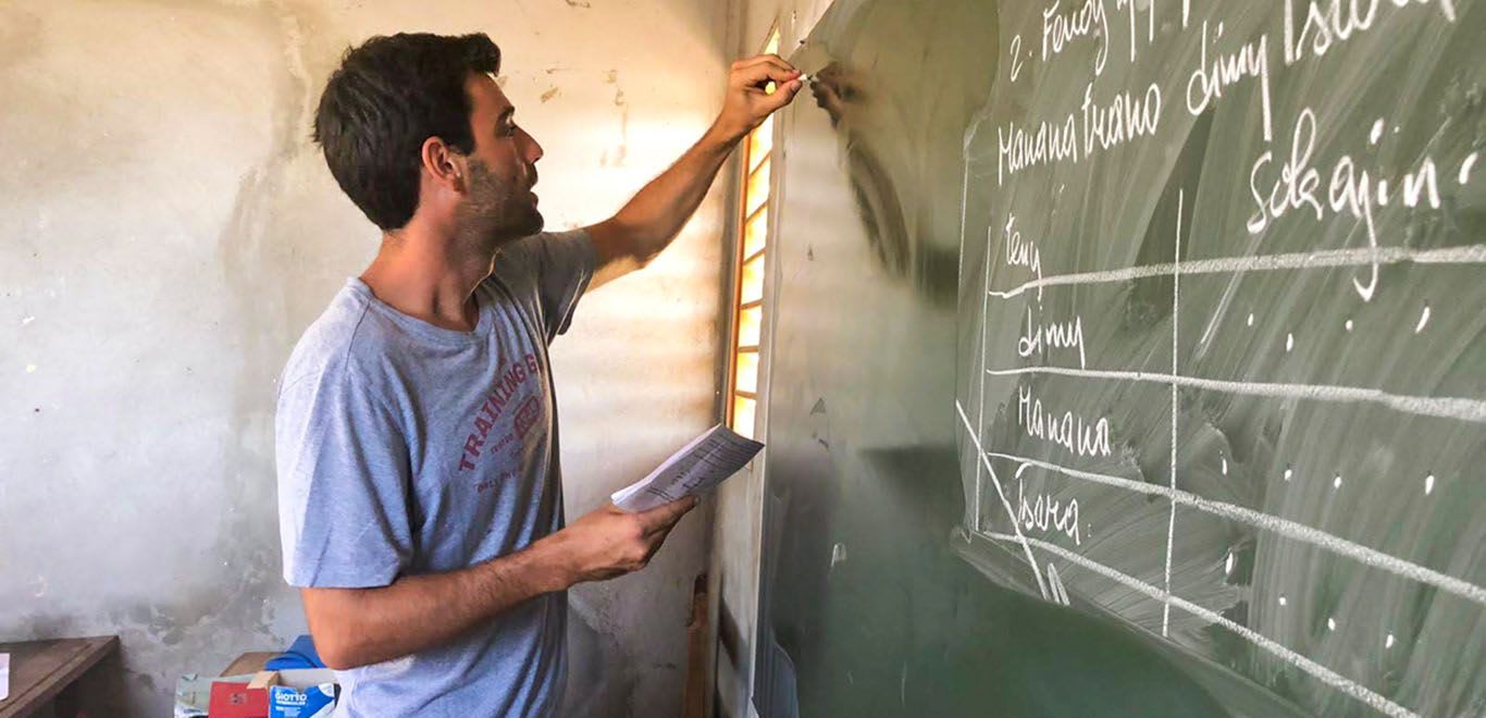 Volunteer teacher in a classroom in Madagascar