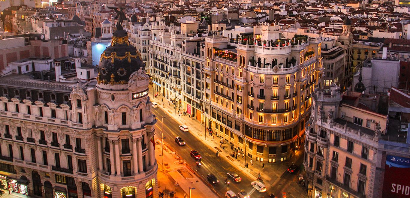 Sunset view of Gran Via in Madrid