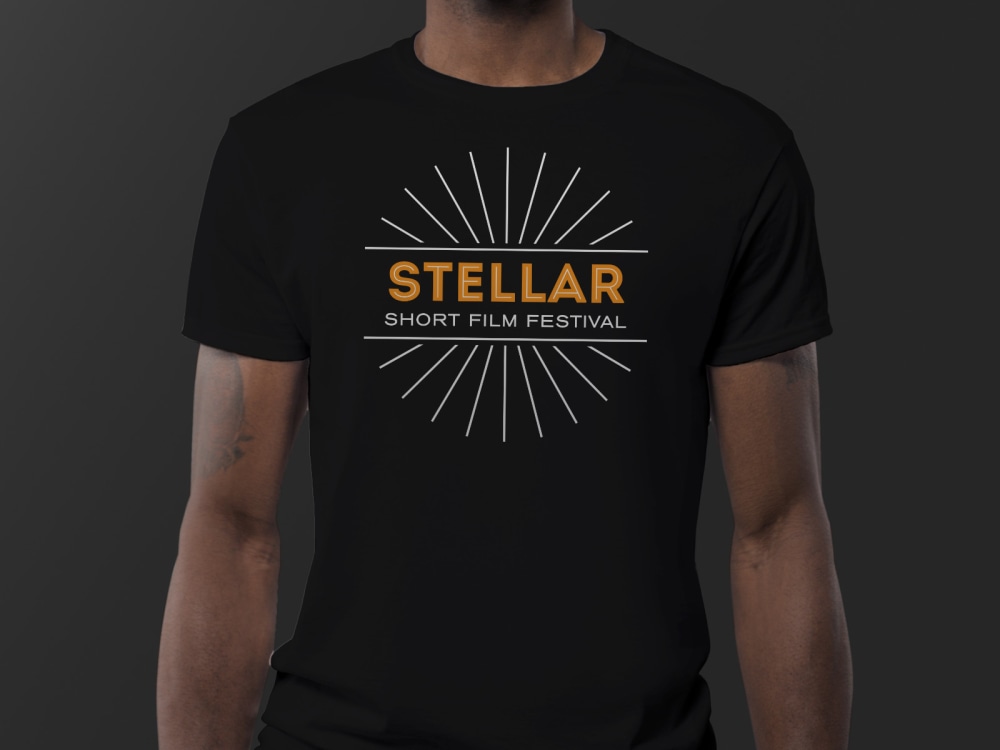 Stellar t-shirt design Mock-up of the Stellar Short Film Festival t-shirt design on black