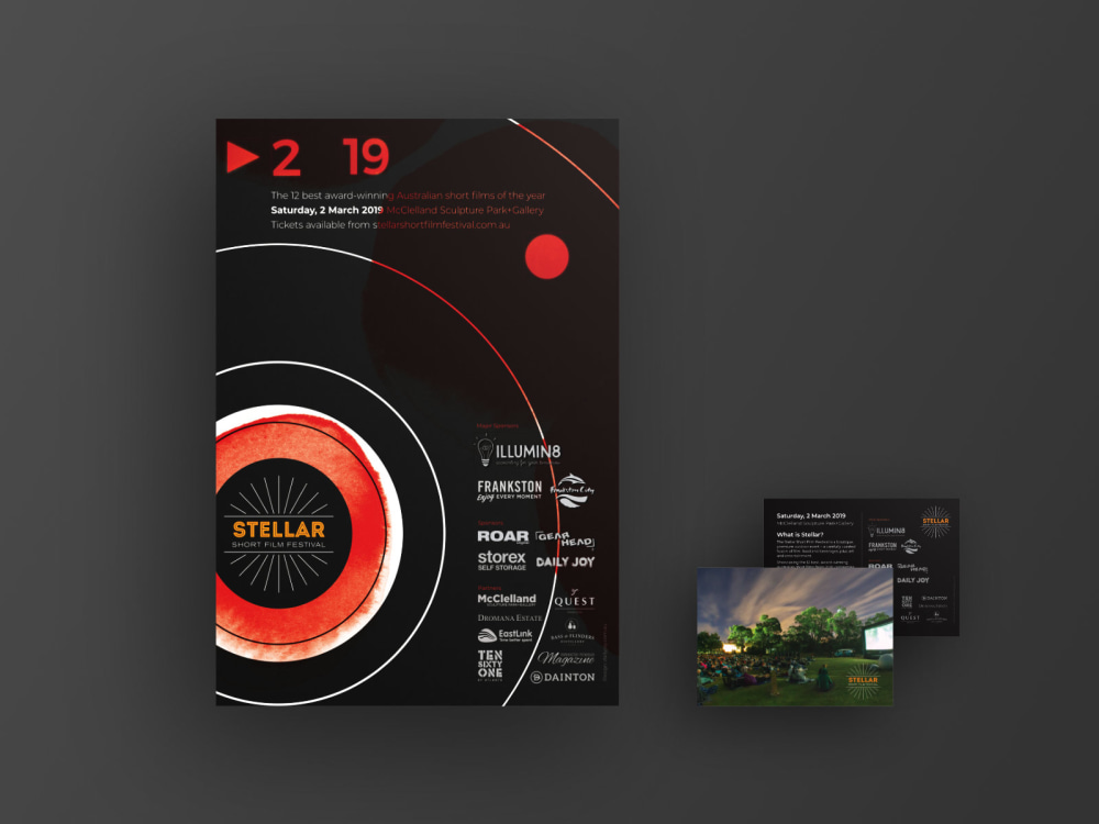 Stellar poster & postcard 2019 Mock up of the Stellar Short Film Festival poster & postcard design 2019 on a dark grey background