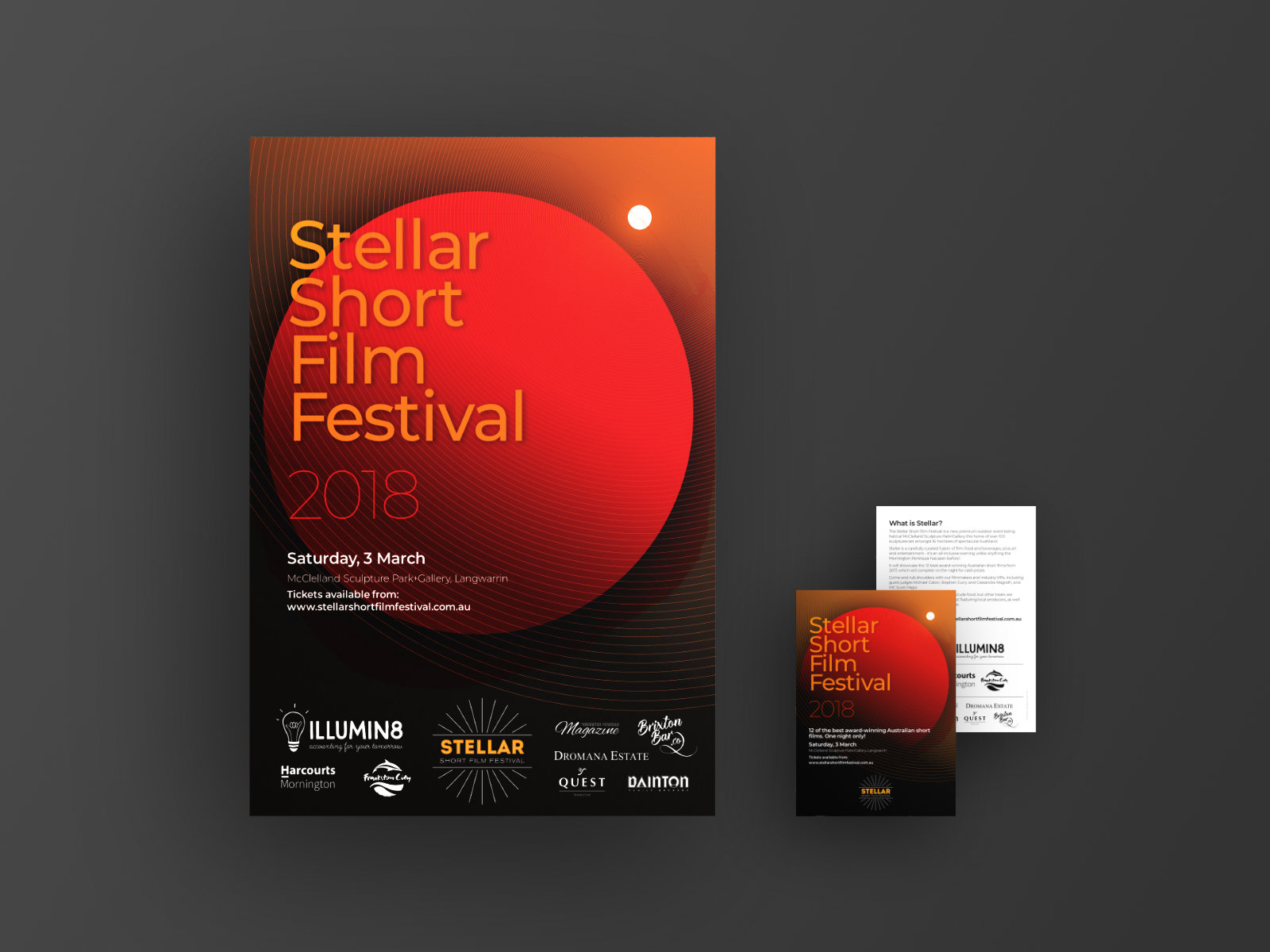 Mock-up of the Stellar Short Film Festival poster & postcard design 2018 on a dark grey background