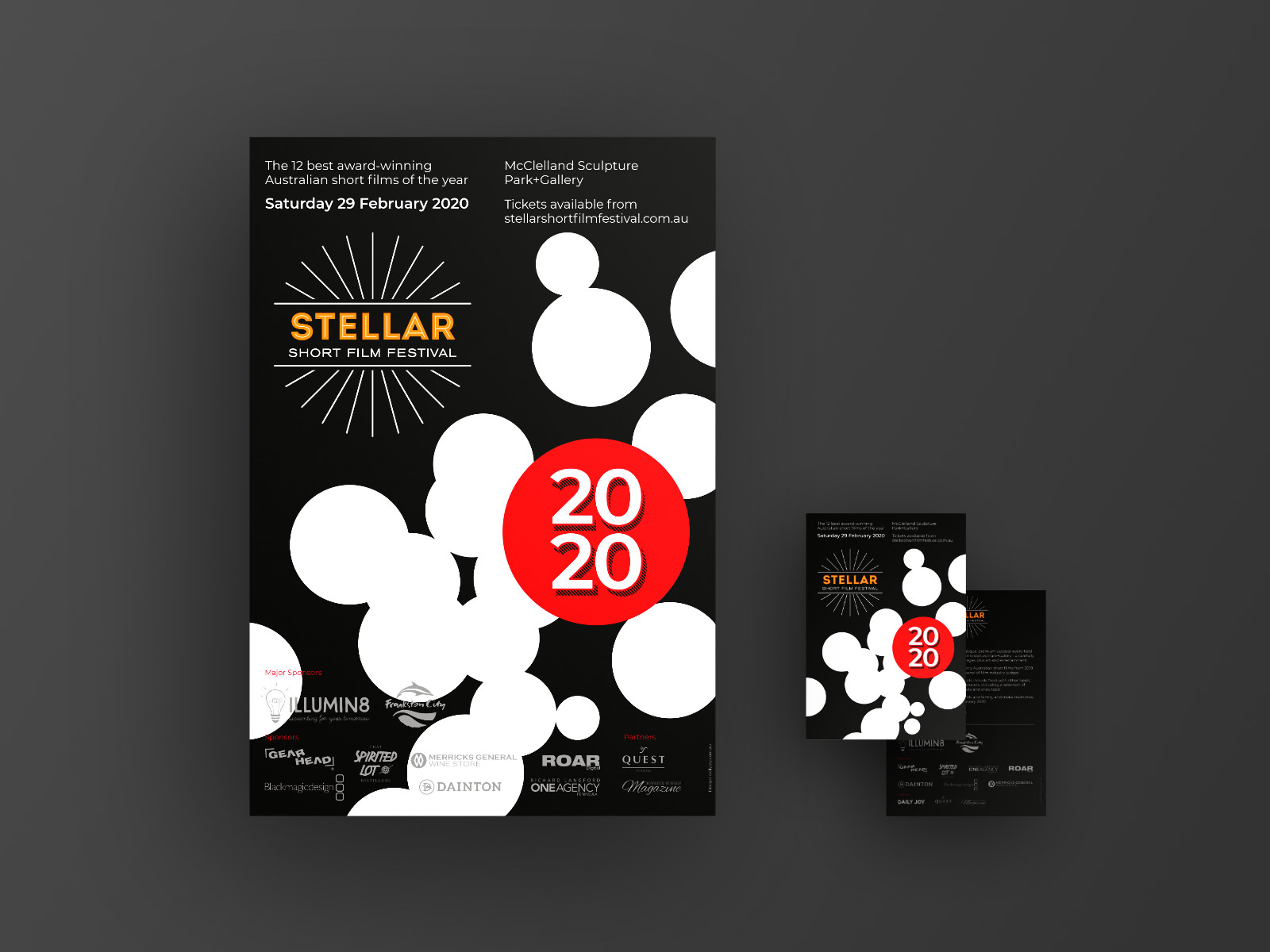 mock-up of the Stellar Short Film Festival poster & postcard design 2020 on a dark grey background