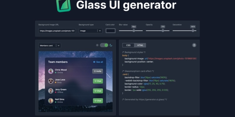 Glass UI Generator: Tạo ra các giao diện bảng hiệu kính sang trọng với Glass UI Generator! Với trình tạo lập trình dễ sử dụng này, bạn có thể tạo ra giao diện người dùng trực quan, đẹp mắt mà không cần kiến thức về lập trình. Tất cả những gì bạn cần làm chỉ cần kéo và thả các yếu tố để tạo ra một giao diện đẹp đến ngỡ ngàng.