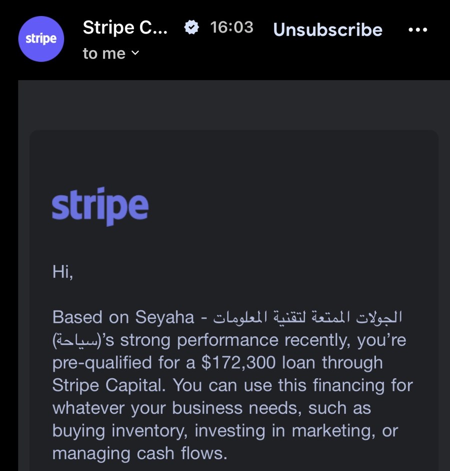 Email screenshot from Stripe Capital pre-qualifying Seyaha for a $172,300 working capital loan based on transaction performance