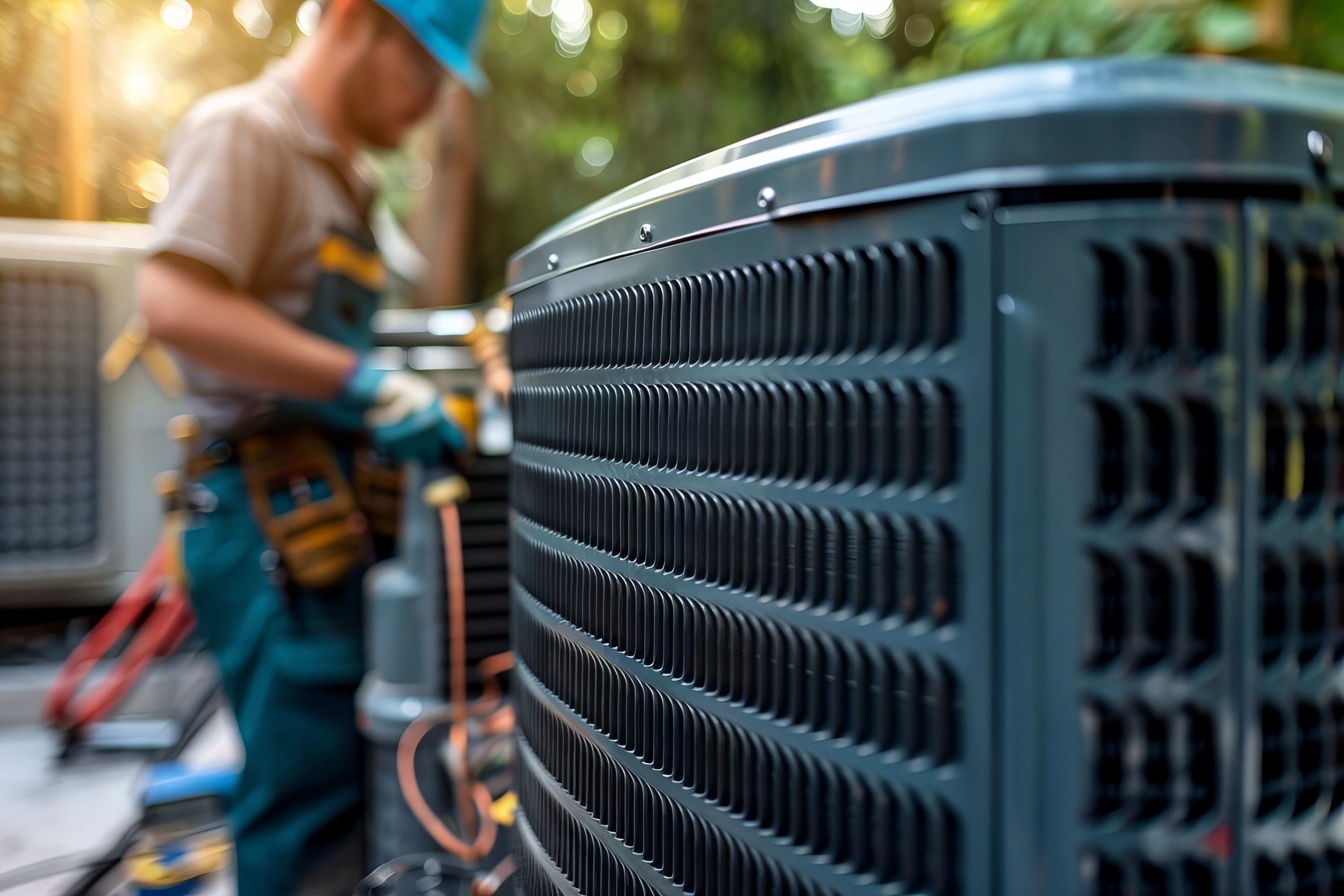 Technician inspecting a condenser unit outside a home