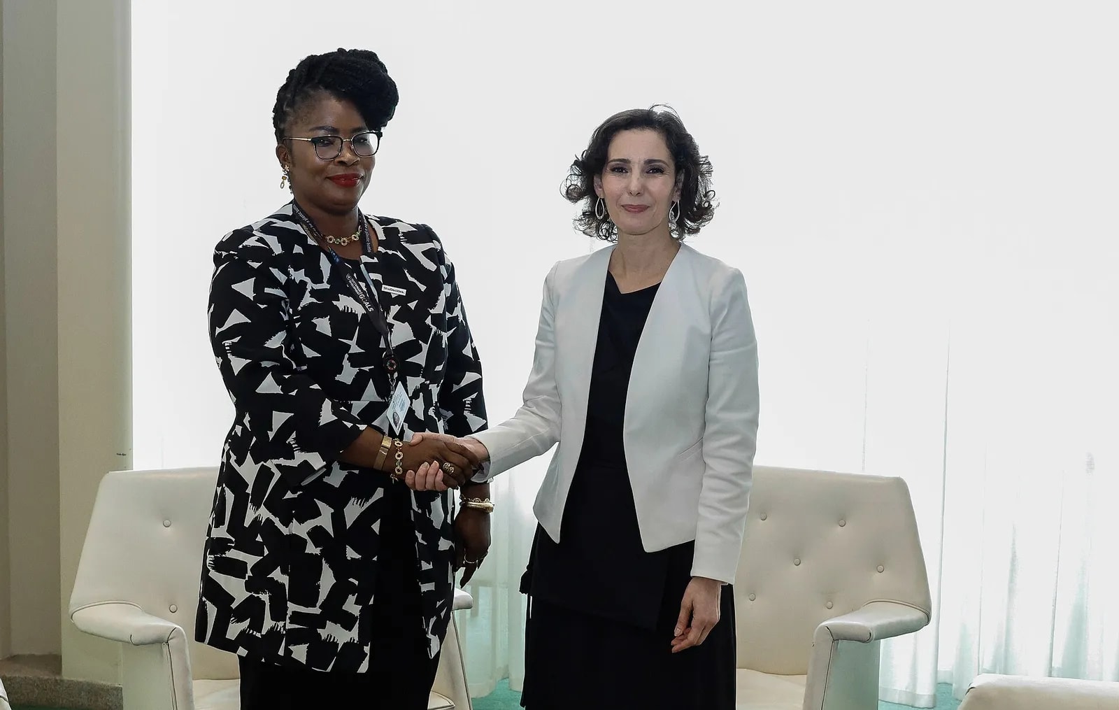 Handshake between Isata Mahoi, Sierra Leone Minister of Gender and Children Affairs, and Hadja Lahbib, European Commissioner (2026)