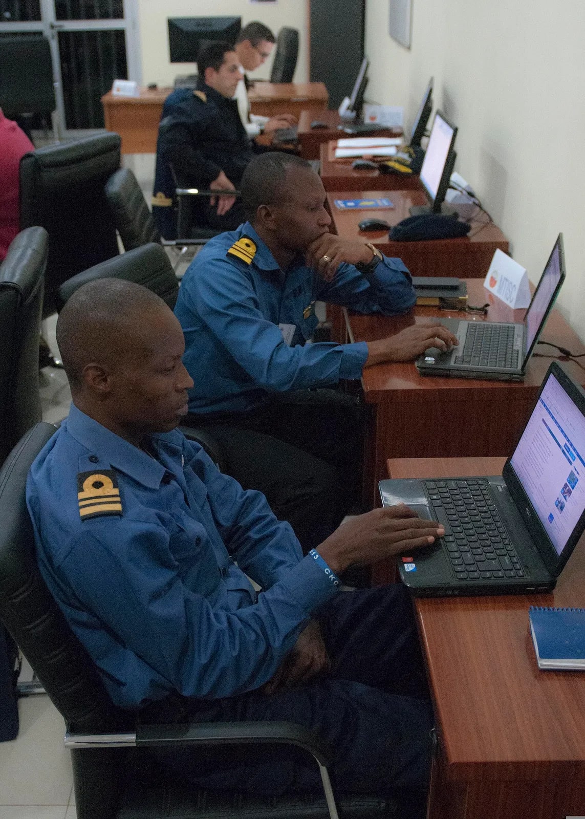 Republic of Sierra Leone Armed Forces Lt. Cmdr. Lawrence Jabati and Ghana Navy Lt. Cmdr. David Kpetigo participate in Saharan Express 2014 i