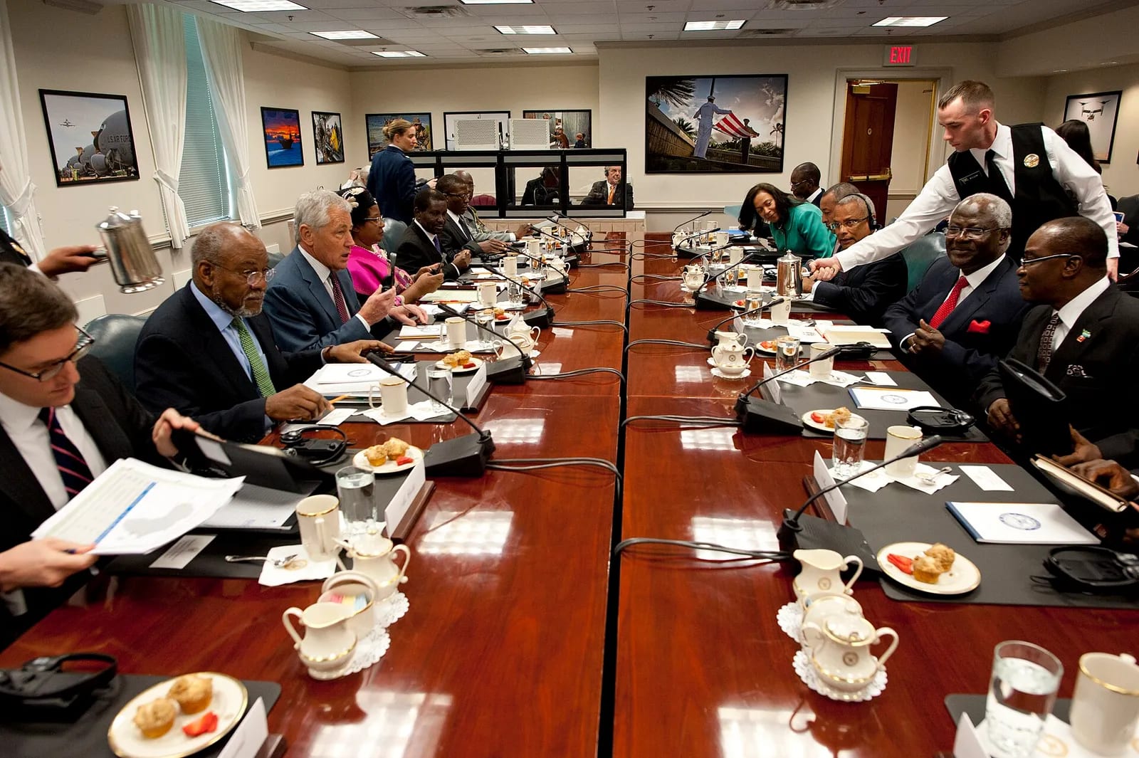 Secretary of Defense Chuck Hagel hosts joint meetings with west African leaders Cape Verde Prime Minister Jose Maria Neves, Malawi President