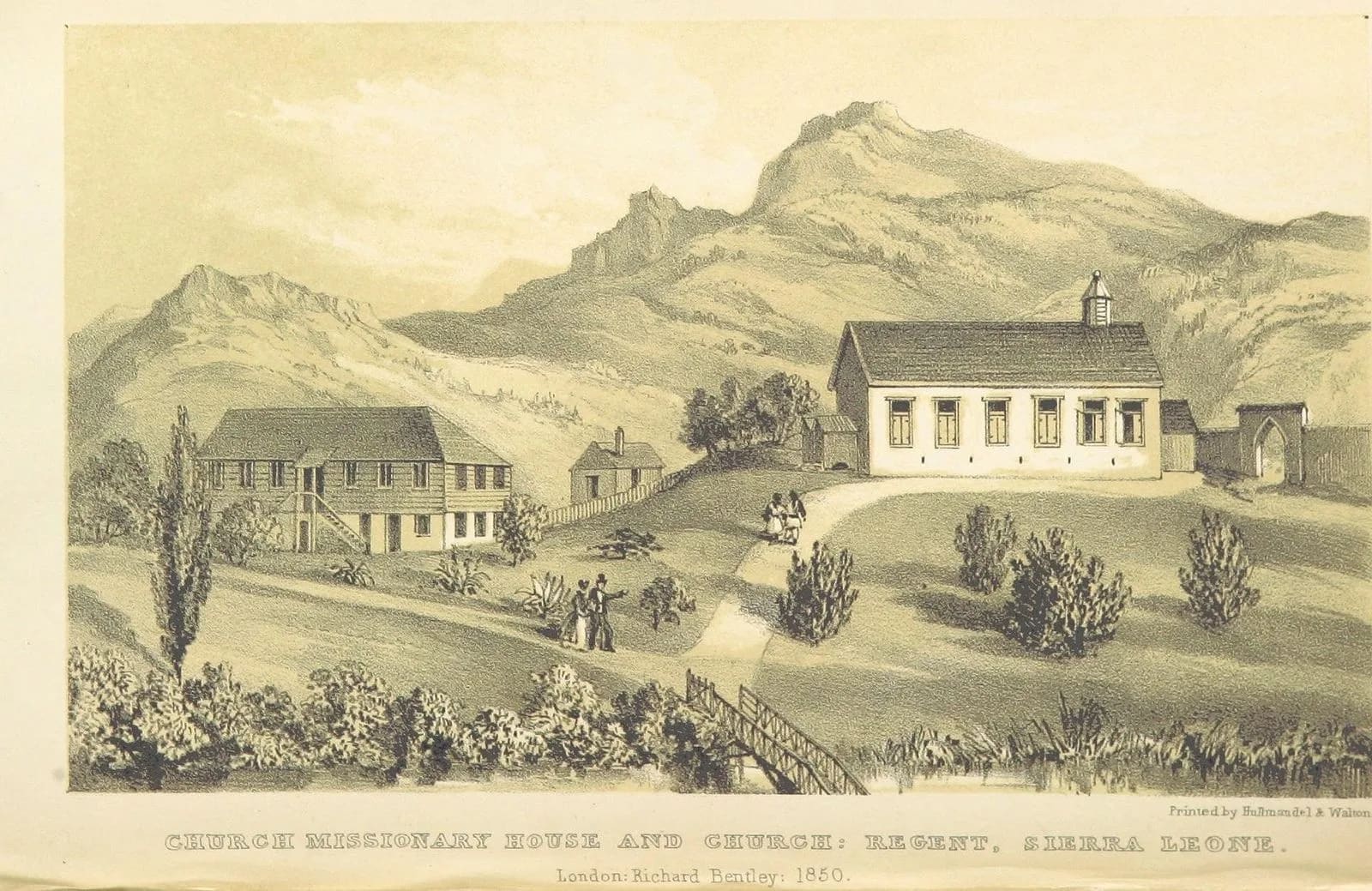 The church and mission house at Regent. Mission schools began in villages like this one and nearby Charlotte