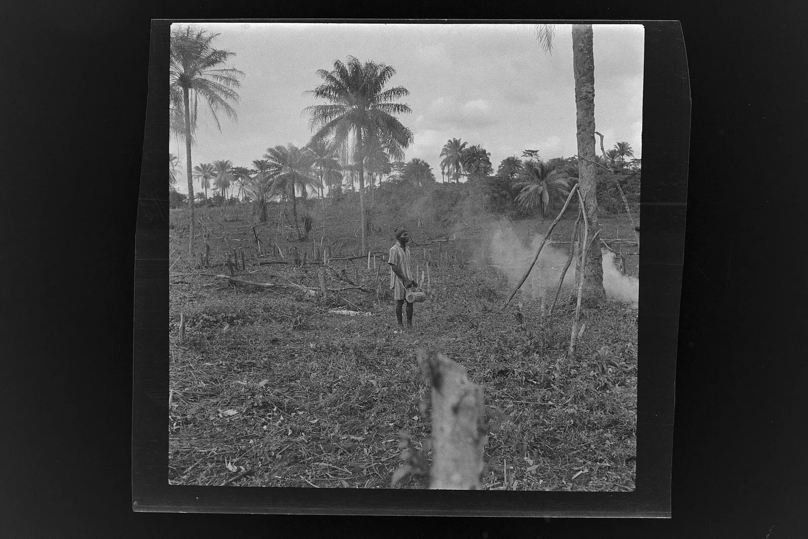 Drummer pictured at centre of frame in a cleared rice field, smoke rising to the right