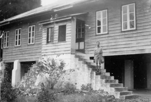 Rest house Panguma with Sjoerd Hofstra on staircase, taken by Mr Robert, missionary from Bunumbu, February…