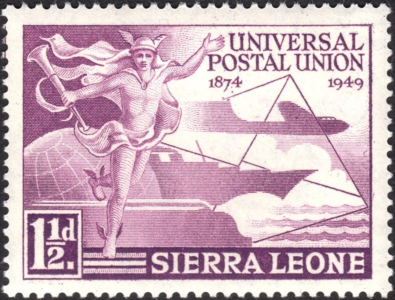 Sierra Leone 1949 Mi 171 stamp (75th anniversary of the UPU. Hermes, globe and transport)