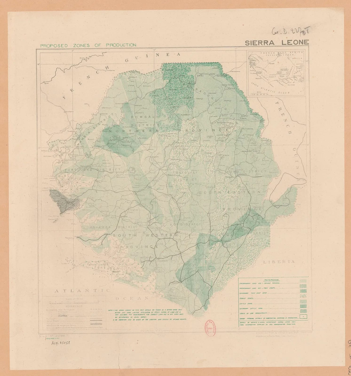 Sierra Leone. Proposed zones of production. 30 miles [=Om. 049 ; 1:1 000 000 environ] / Compiled and drawn by Surveys & Lands Dept, Sierra L