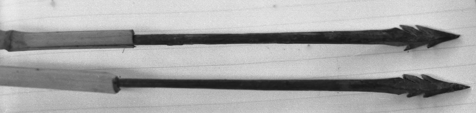 Close-up of late 19th - early 20th century iron-tipped arrows owned by Mamadou Mansaray, Bafodia, Sierra Leone (West Africa) (2078175703)