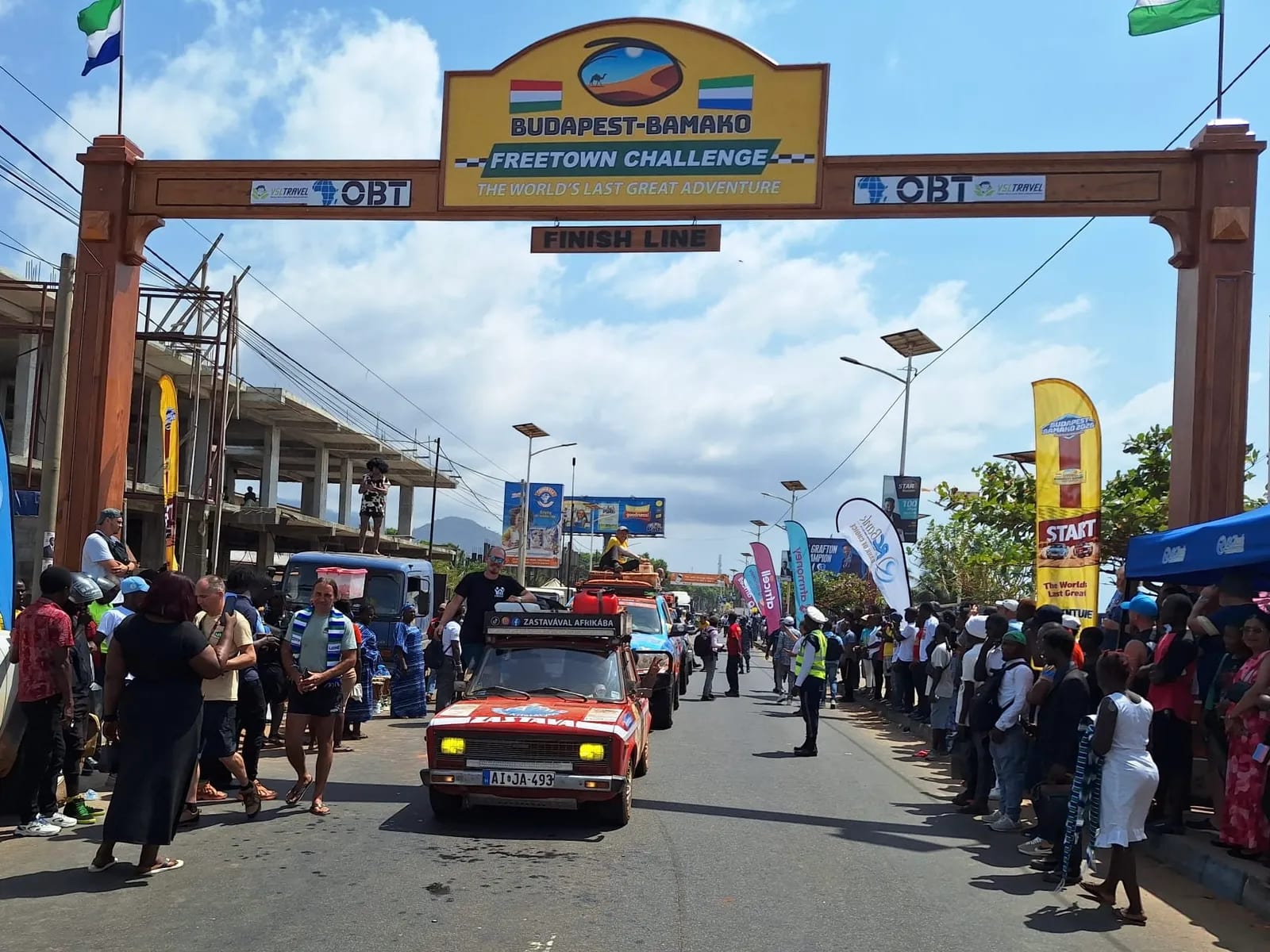 Budapest-Bamako finish line gate in Freetown, Sierra Leone