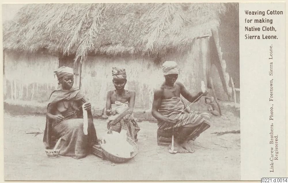 Weaving cotton for making native cloth (Lisk-Carew postcard)