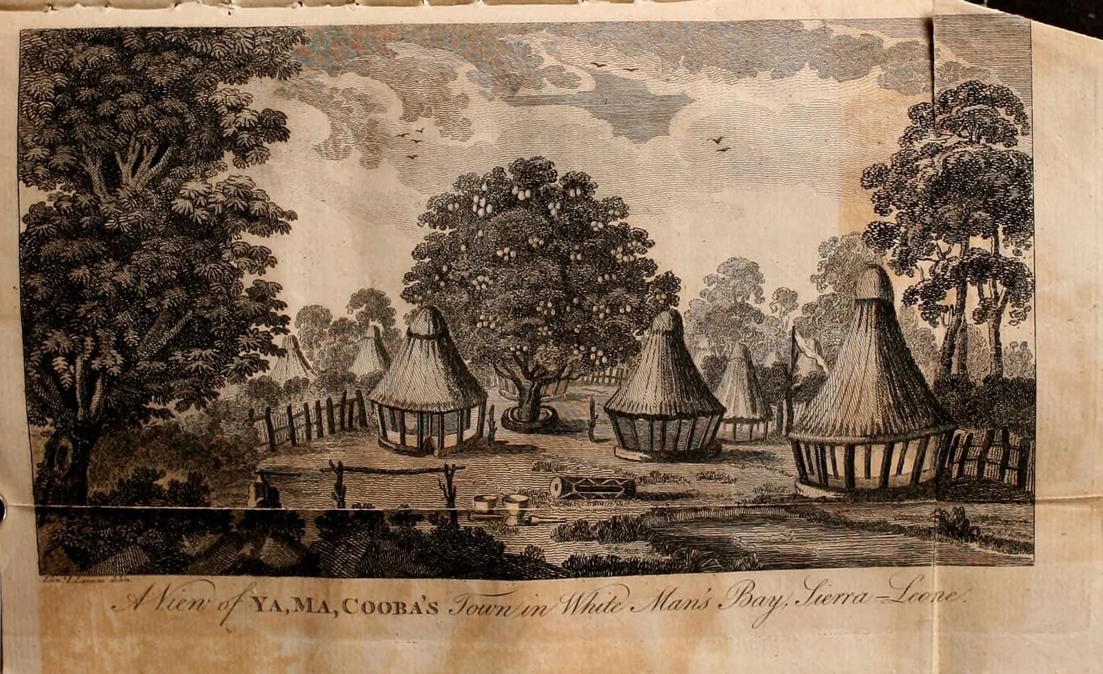 Ya Ma Cooba's town in White Man's Bay: round houses and fences, 1780s (engraving)