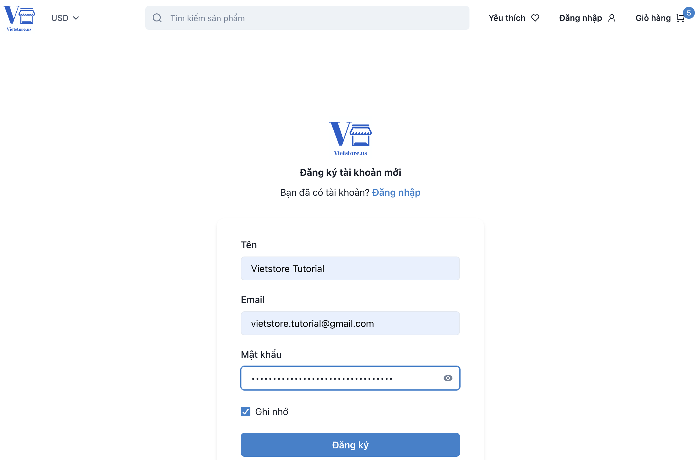 sign-up screen vietstore.us