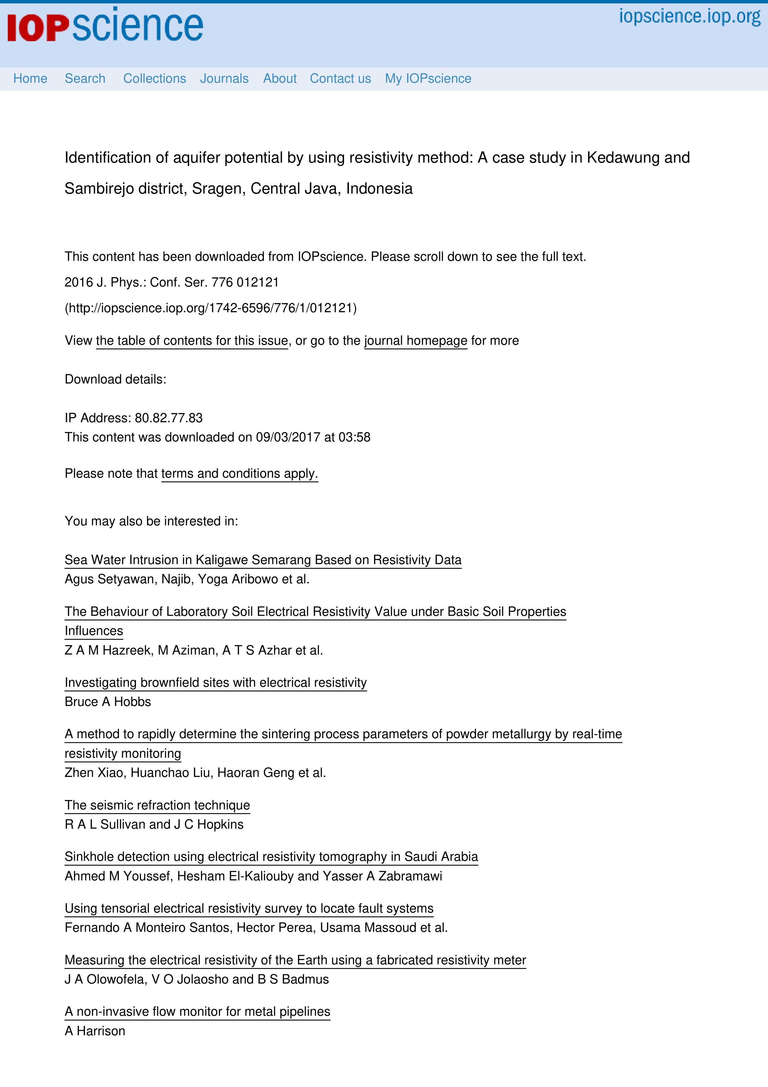 identification of aquifer potential by using resistivity method a case study in kedawung and