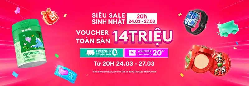 Sinh Nhật Lazada 2026: Voucher Toàn Sàn 14 triệu, Voucher 20%