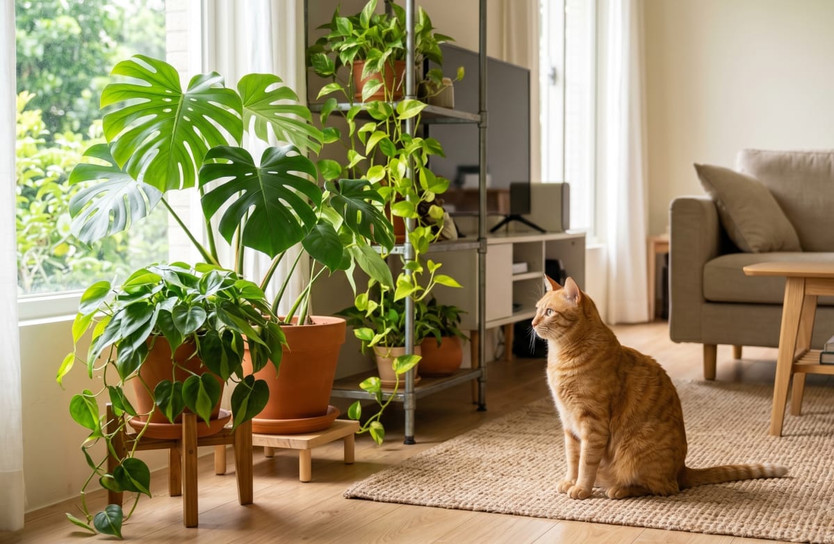 圖中的黃金葛、龜背芋、綠蔓絨常見於居家的佈置,但許多人不知道其實它們對貓咪都是有毒性的。其他像萬年青、海芋、火鶴花等等對貓咪也有毒性