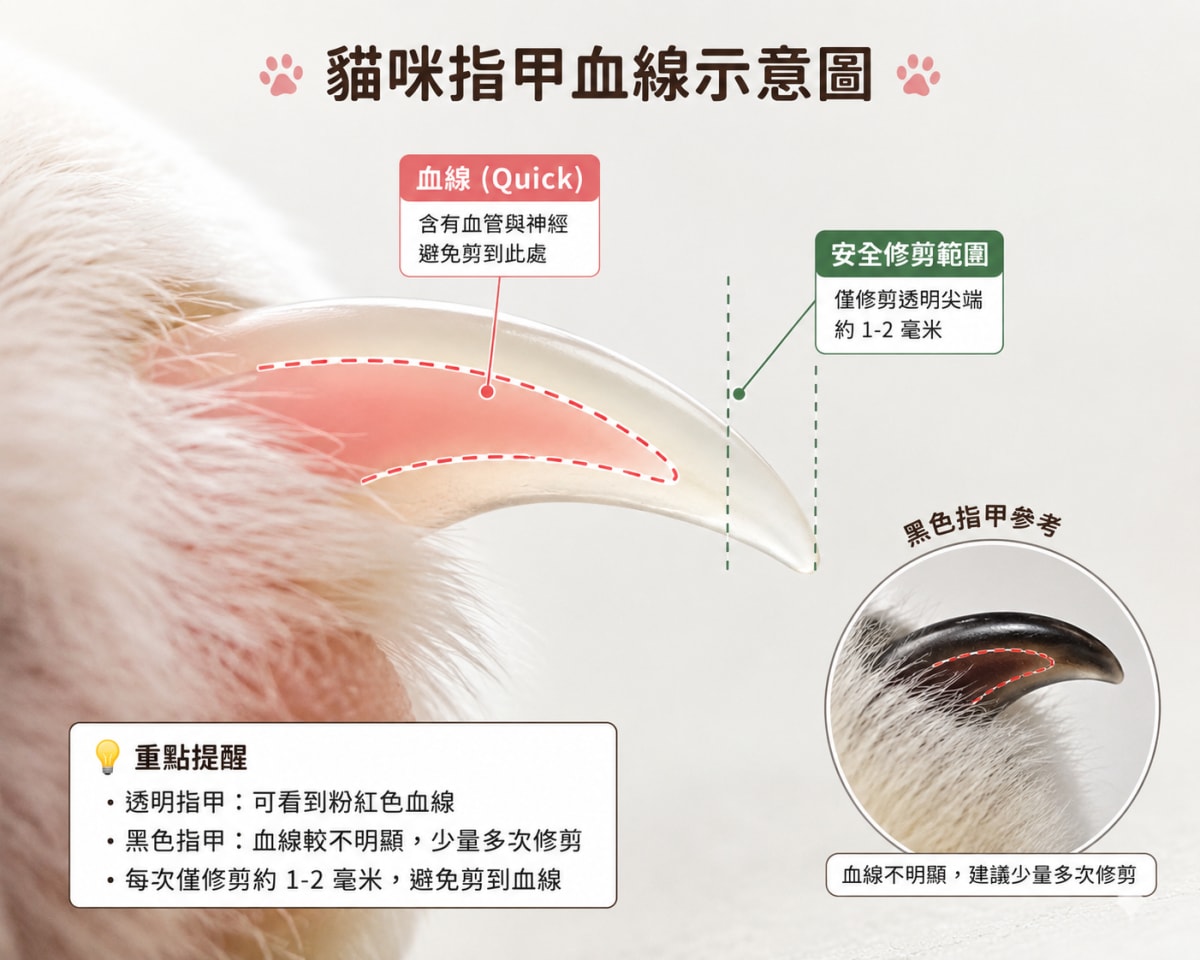 貓咪寫線是指甲裡包含血管與神經的部分，呈現粉紅色，
