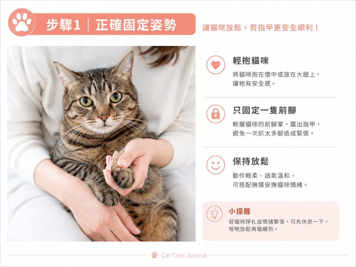 幫貓咪剪指甲第一步驟是先固定好貓咪，並先按按他的肉球讓他不反感