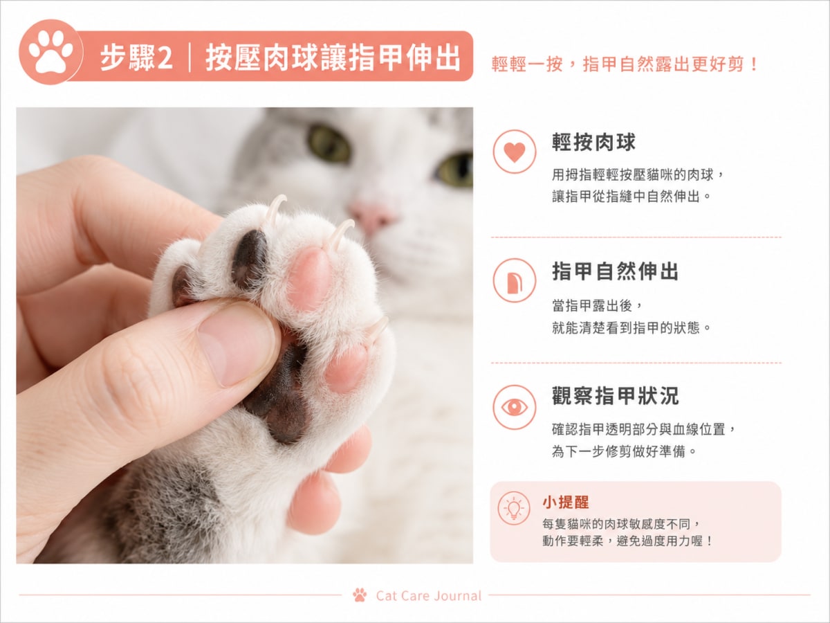 幫貓剪指甲第二步驟是輕輕按壓肉球讓指甲伸出