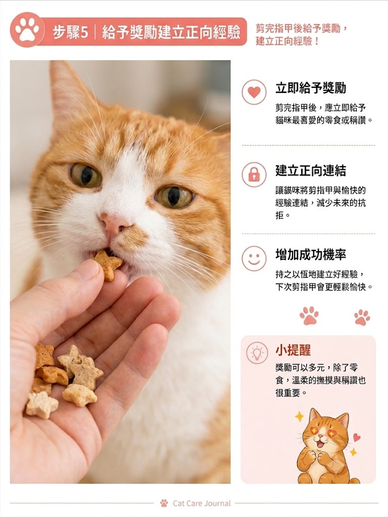 剪完指甲或剪指甲時力克給予貓咪零食，讓貓咪有正向的連結