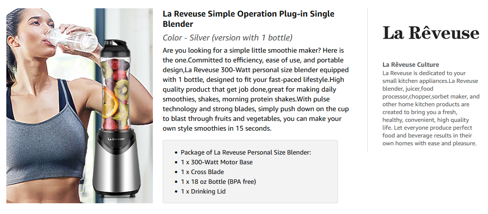 La Reveuse Smoothies Blender Personal Size 300 Watts with 18 oz BPA Free Portable Travel Sports Bottle (Silver)