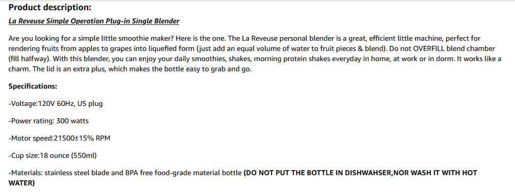 La Reveuse Smoothies Blender Personal Size 300 Watt with 18 oz BPA Free Portable Travel Sports Bottle (Light Blue), Size: 5 x 5 x 15.3