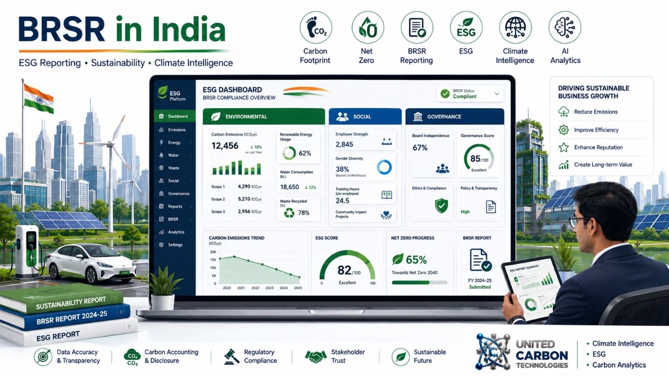 BRSR reporting framework in India showing a digital ESG dashboard with environmental, social and governance metrics, carbon accounting, sustainability reporting, and climate intelligence analytics.