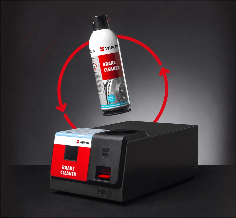 REFILLOmat 2.0 station refilling a Brake Cleaner aerosol can