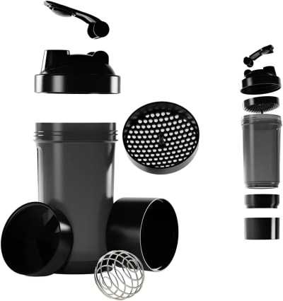 coqueteleira shaker academia compartimento suplementos divisórias 500ml (preto)