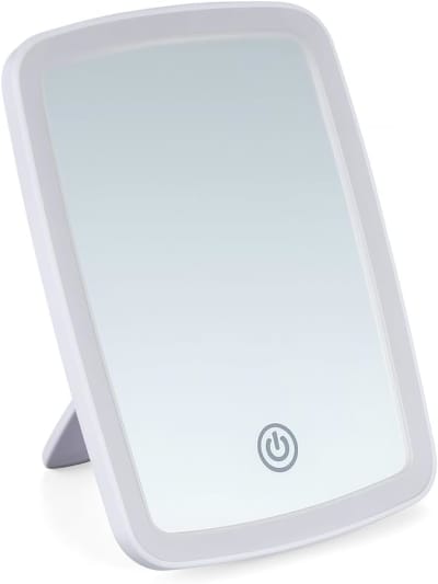 espelho de mesa com luzes led em 3 cores para maquiagem cosméticos portátil com suporte de apoio iluminação tipo camarim, touch, zoom, portátil para penteadeira