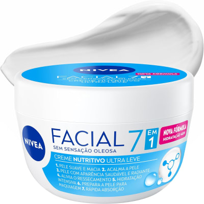 nivea creme facial nutritivo ultraleve 7 em 1 100g, pele suave e macia, acalma, alivia ressecamento, hidratação 48h, aminoácidos, cuidado facial