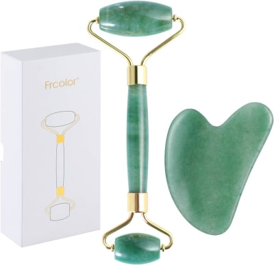 rolo de jade para rosto, conjunto de pedras faciais naturais de jade, massageador de pele com ferramentas de raspagem gua sha