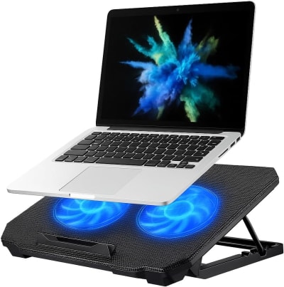 suporte para notebook com cooler duplo silencioso com 8 níveis de ajuste ergonômico, saída usb adicional e iluminação interna base para notebook de até 17 polegadas