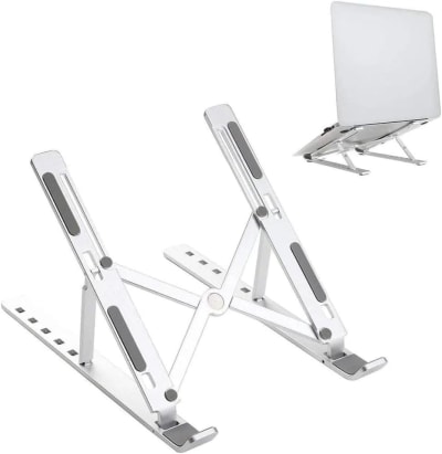suporte para notebook e tablet linha premium em alumínio dobrável e ergonômico para desktop portátil ajustável em 6 ângulos com altura regulável leve apoio universal - com estojo para armazenagem