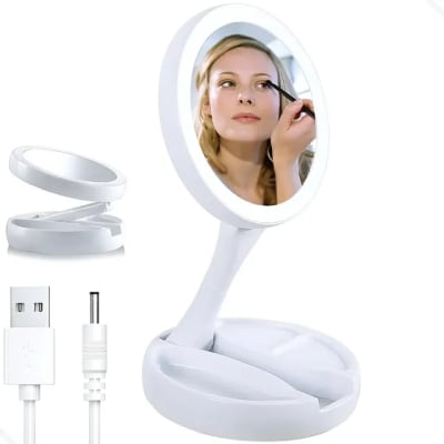 espelho de maquiagem luz led dobrável de mesa aumento 10x branco