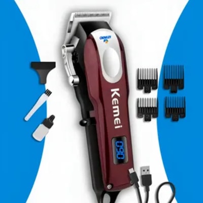 máquina de cortar cabelo profissional barbearia barba recarregável premium sem fio com visor led lâmina titânio cor prateado