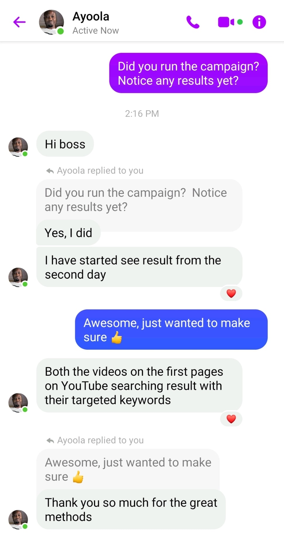 Facebook direct message feedback from a successful client