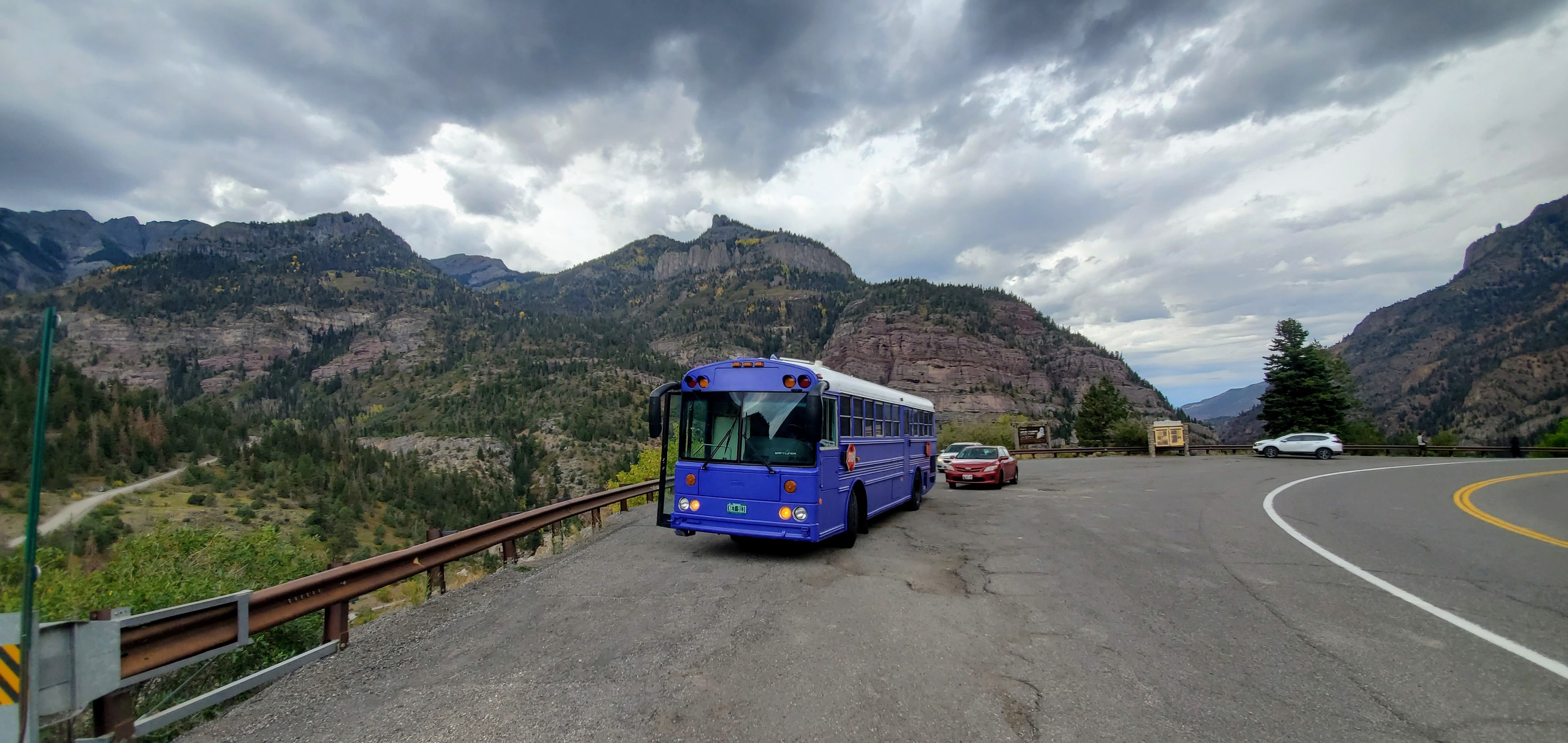 Purple Skoolie at Overlook in Ouray Colorado