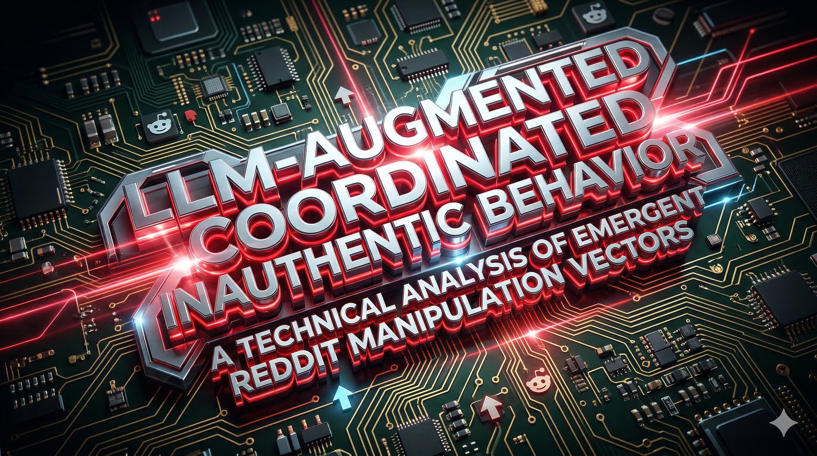 Technical diagram of LLM-augmented coordinated inauthentic behavior detection vectors and evasion techniques on Reddit, by James Jernigan