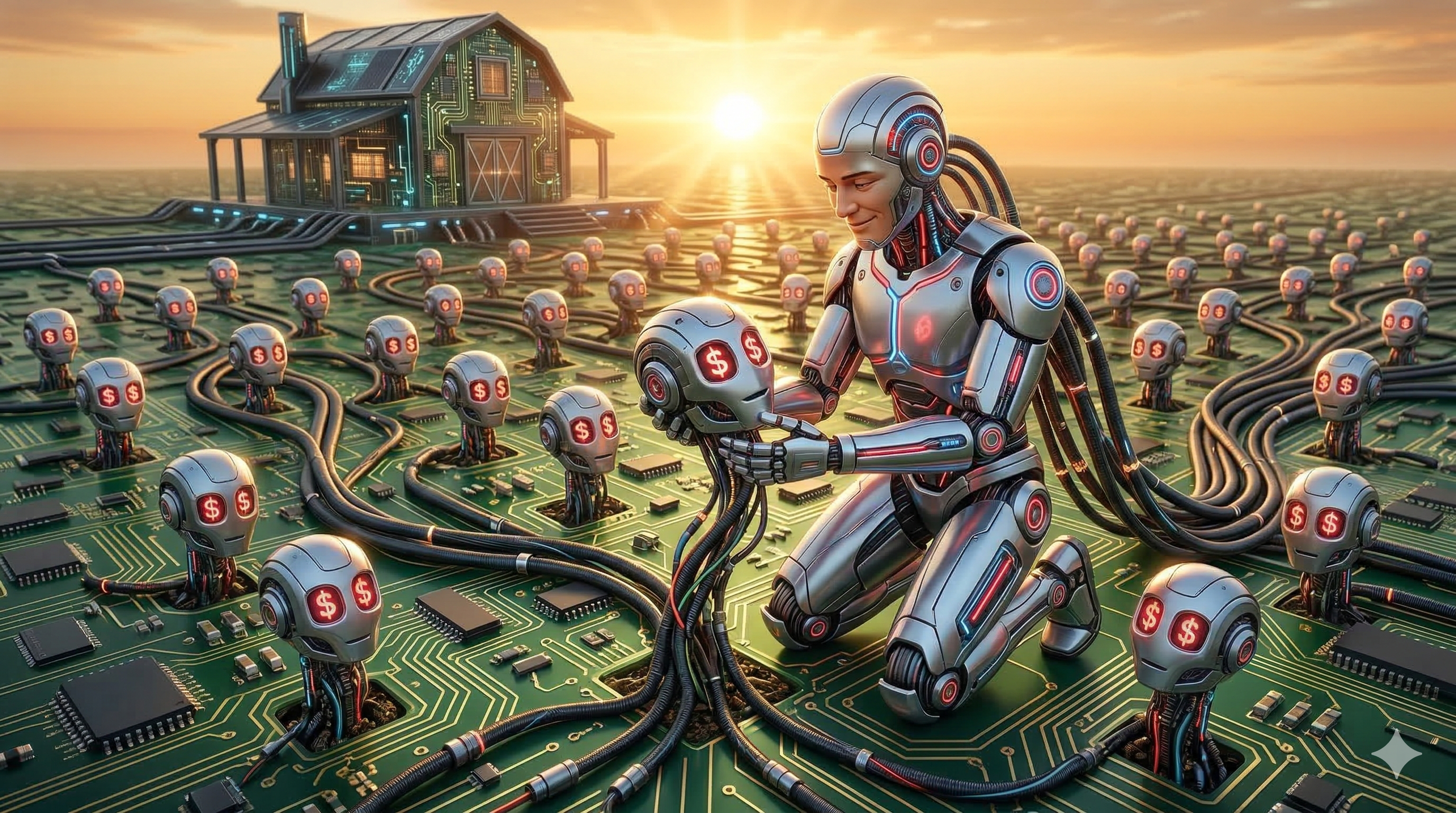 Conceptual illustration of a multi-account Reddit bot farm using AI-generated content for coordinated inauthentic behavior