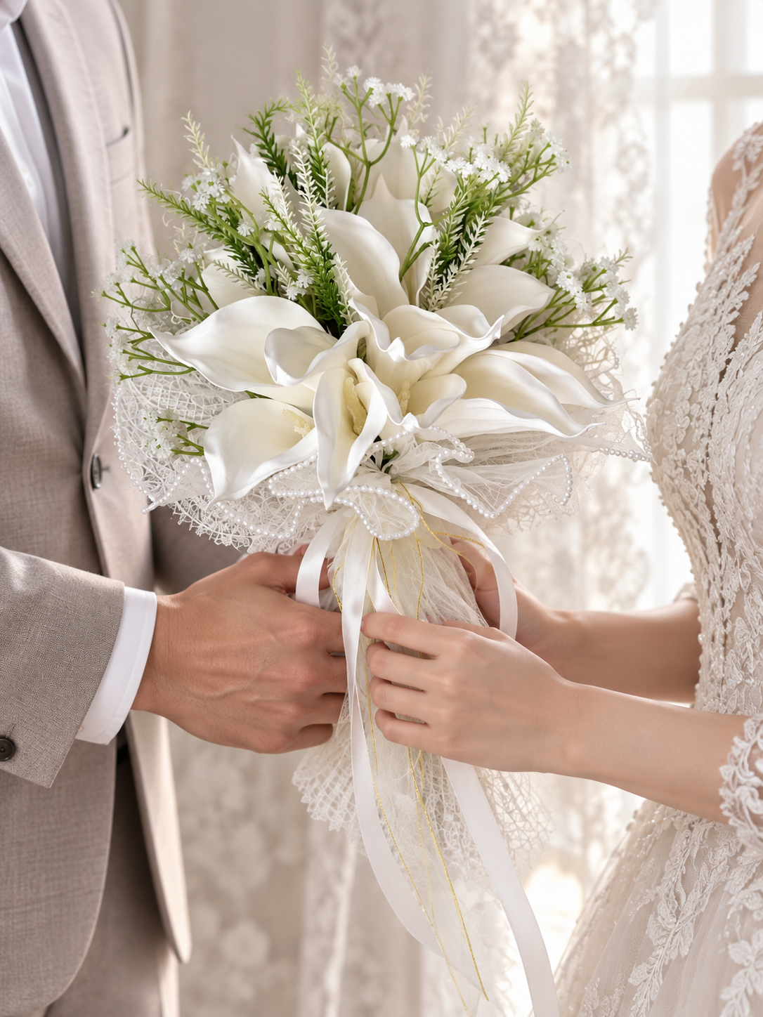 Ivory Pearl Lace Calla Bouquet thumbnail 4